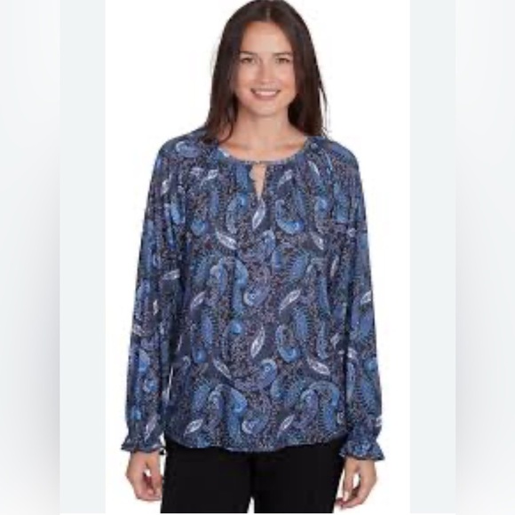 Unsubscribe Blue Paisley Women's Top 100% Silk Long Sleeve Size 12 - Picture 1 of 15